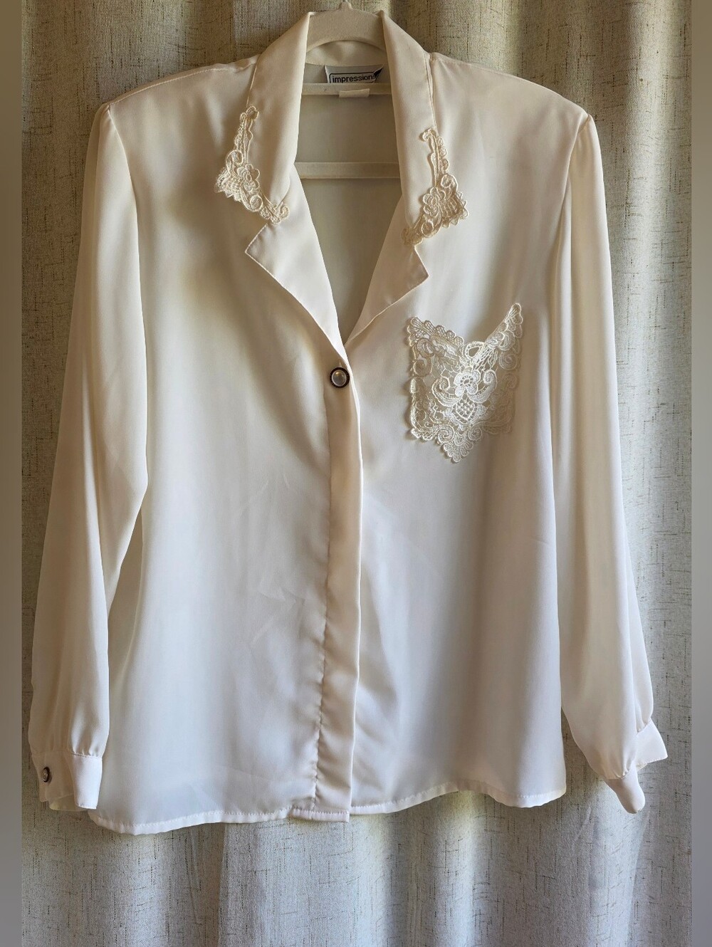 Vintage 80s/90s Impressions of California Lace Collar & Pocket Blouse Ivory 12